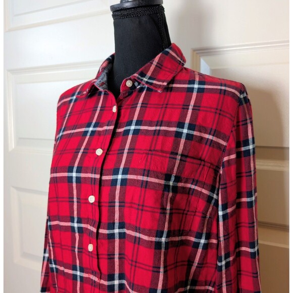 Tommy Hilfiger Size L Blouse Flannel Buttons Red Plaid Roll Tab Sleeve Logo - Picture 2 of 11